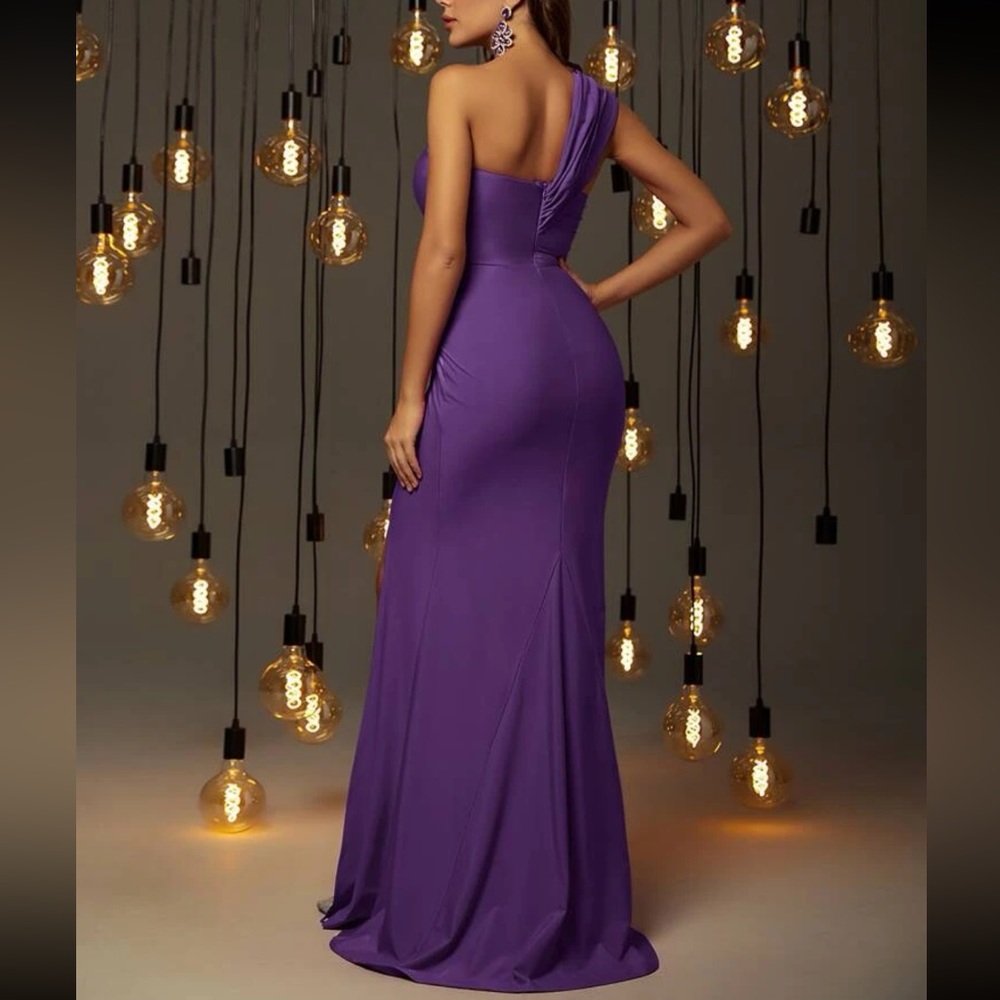 Luxe one shoulder slit thigh party formal prom gown dress - Picture 13 of 16